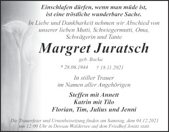 Traueranzeige von Margret Juratsch von Trauerkombi Dessau