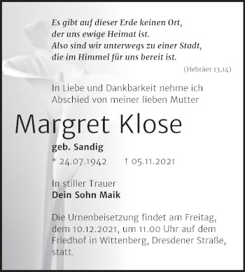 Traueranzeige von Margret Klose von Trauerkombi Wittenberg