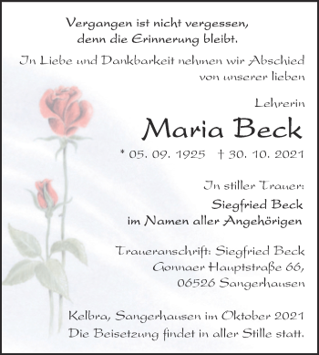 Traueranzeige von Maria Beck von Mitteldeutsche Zeitung Sangerhausen