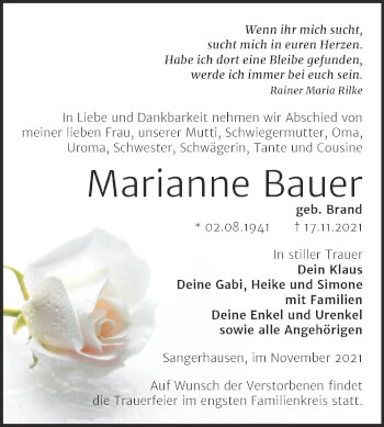 Traueranzeige von Marianne Bauer von Trauerkombi Sangerhausen