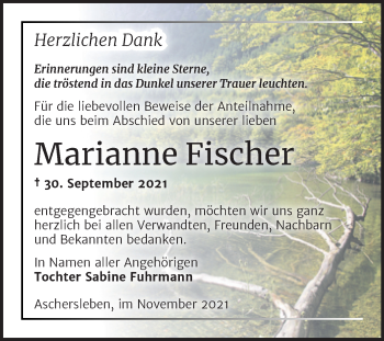 Traueranzeige von Marianne Fischer von Trauerkombi Aschersleben