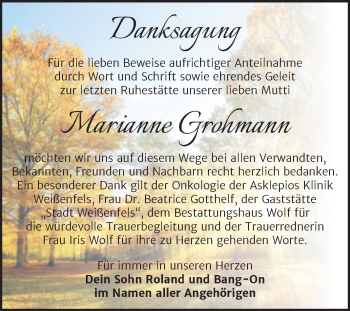 Traueranzeige von Marianne Grohmann von Trauerkombi Weißenfels