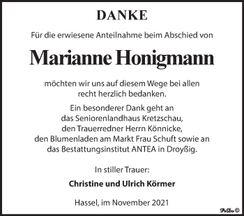 Traueranzeige von Marianne Honigmann von Trauerkombi Zeitz