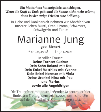 Traueranzeige von Marianne Jung von Trauerkombi Quedlinburg