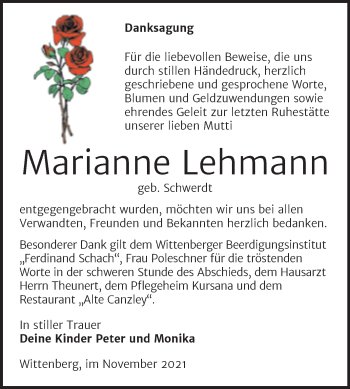 Traueranzeige von Marianne Lehmann von Trauerkombi Wittenberg