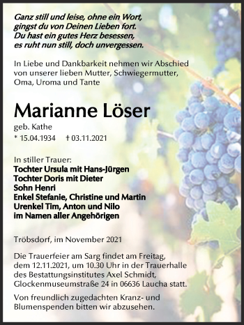 Traueranzeige von Marianne Löser von Super Sonntag Naumburg/Nebra