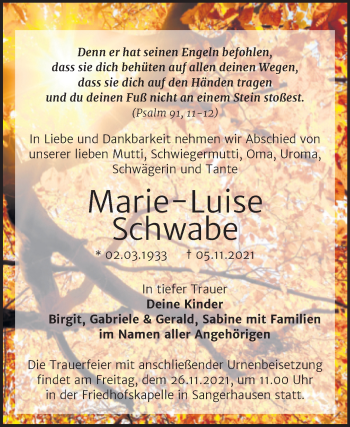 Traueranzeige von Marie-Luise Schwabe von Trauerkombi Sangerhausen