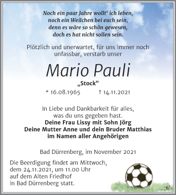 Traueranzeige von Mario Pauli von Trauerkombi Merseburg