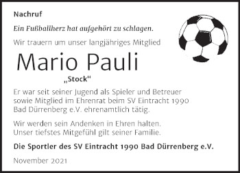 Traueranzeige von Mario Pauli von Super Sonntag Merseburg/Querfurt