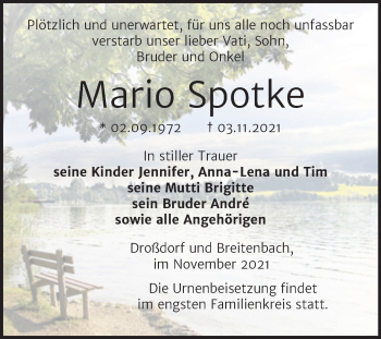 Traueranzeige von Mario Spotke von Trauerkombi Zeitz