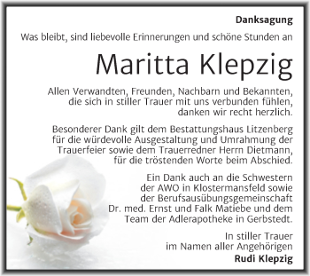 Traueranzeige von Maritta Klepzig von Trauerkombi Mansfelder Land