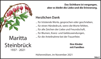 Traueranzeige von Maritta Steinbrück von Trauerkombi Weißenfels
