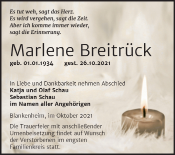 Traueranzeige von Marlene Breitrück von Trauerkombi Sangerhausen