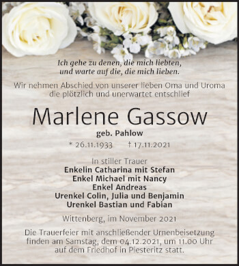 Traueranzeige von Marlene Gassow von Trauerkombi Wittenberg