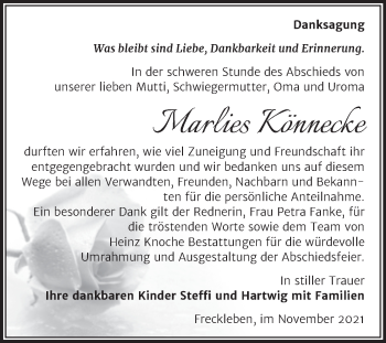 Traueranzeige von Marlies Könnecke von Trauerkombi Aschersleben