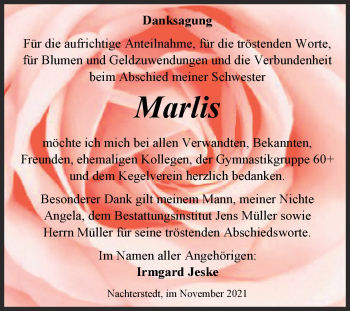 Traueranzeige von Marlis  von Trauerkombi Aschersleben