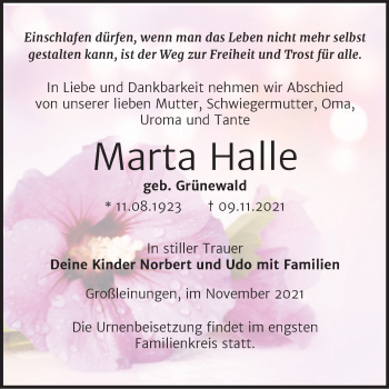 Traueranzeige von Marta Halle von Trauerkombi Sangerhausen