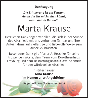 Traueranzeige von Marta Krause von Wochenspiegel Naumburg/Nebra