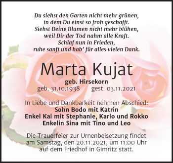 Traueranzeige von Marta Kujat von Mitteldeutsche Zeitung Halle/Saalkreis