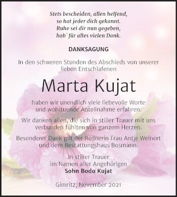 Traueranzeige von Marta Kujat von Mitteldeutsche Zeitung Halle/Saalkreis