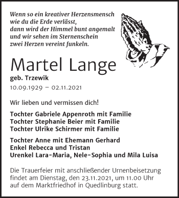 Traueranzeige von Martel Lange von Trauerkombi Quedlinburg