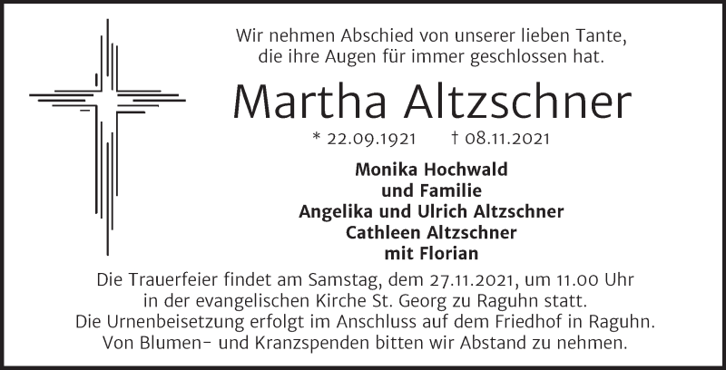  Traueranzeige für Martha Altzschner vom 17.11.2021 aus Trauerkombi Bitterfeld