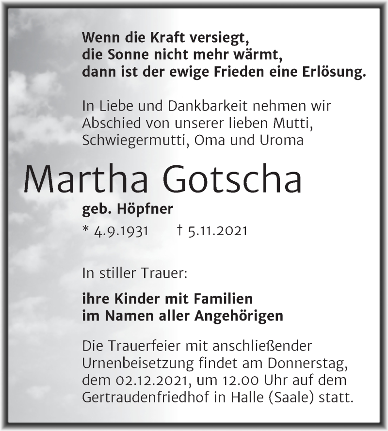  Traueranzeige für Martha Gotscha vom 20.11.2021 aus Mitteldeutsche Zeitung Halle/Saalkreis