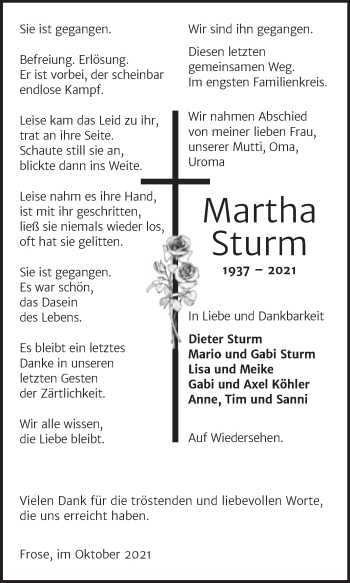Traueranzeige von Martha Sturm von Trauerkombi Aschersleben