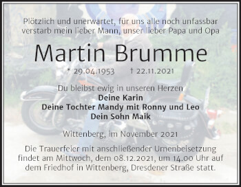 Traueranzeige von Martin Brumme von Trauerkombi Wittenberg
