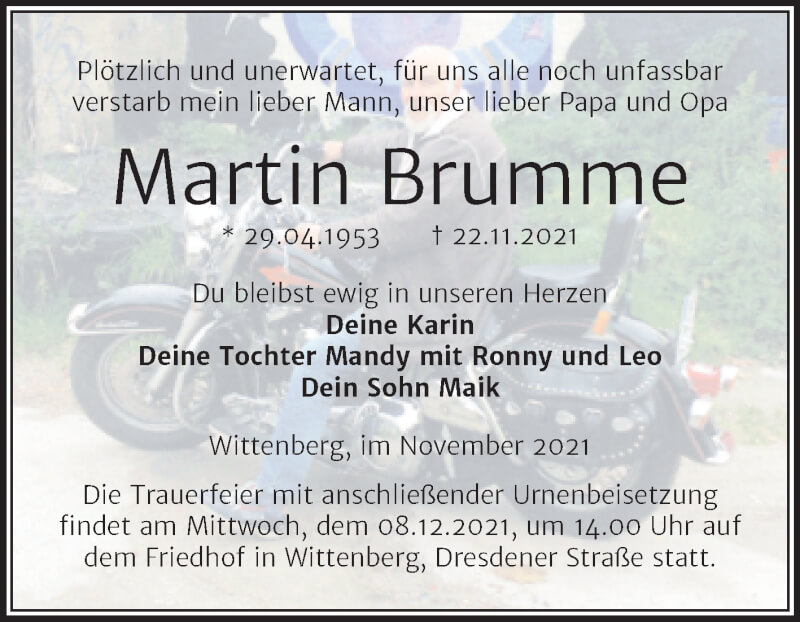  Traueranzeige für Martin Brumme vom 27.11.2021 aus Trauerkombi Wittenberg
