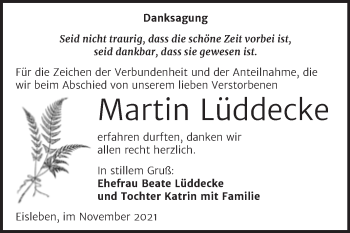 Traueranzeige von Martin Lüddecke von Trauerkombi Mansfelder Land