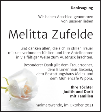 Traueranzeige von Melitta Zufelde von Trauerkombi Quedlinburg