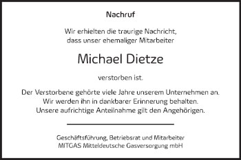 Traueranzeige von Michael Dietze von Mitteldeutsche Zeitung Halle/Saalkreis