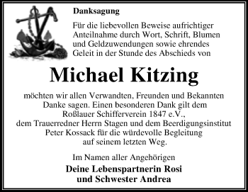 Traueranzeige von Michael Kitzing von Trauerkombi Dessau