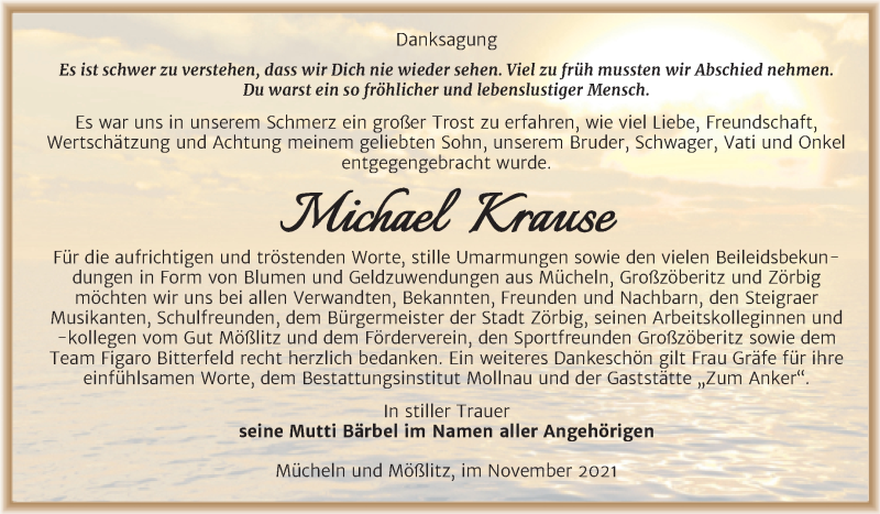  Traueranzeige für Michael Krause vom 13.11.2021 aus Trauerkombi Merseburg