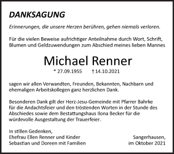 Traueranzeige von Michael Renner von Trauerkombi Sangerhausen