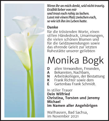 Traueranzeige von Monika Bogk von Trauerkombi Sangerhausen