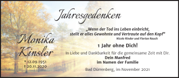 Traueranzeige von Monika Kinsler von Trauerkombi Merseburg
