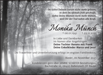 Traueranzeige von Monika Münch von Trauerkombi Quedlinburg