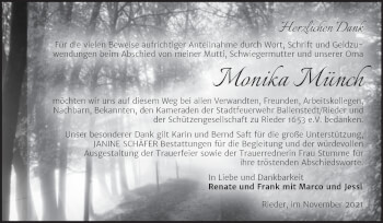 Traueranzeige von Monika Münch von Trauerkombi Quedlinburg