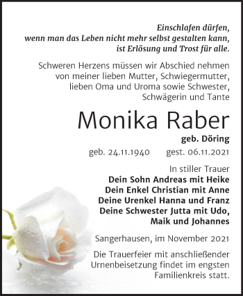 Traueranzeige von Monika Raber von Trauerkombi Sangerhausen