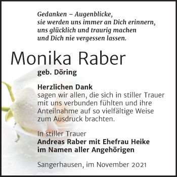 Traueranzeige von Monika Raber von Trauerkombi Sangerhausen