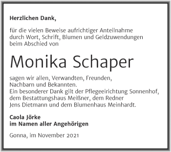 Traueranzeige von Monika Schaper von Trauerkombi Sangerhausen