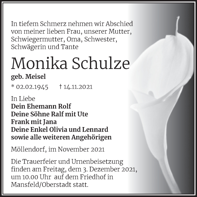  Traueranzeige für Monika Schulze vom 20.11.2021 aus Trauerkombi Mansfelder Land