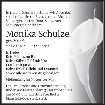 Traueranzeige von Monika Schulze von Trauerkombi Mansfelder Land