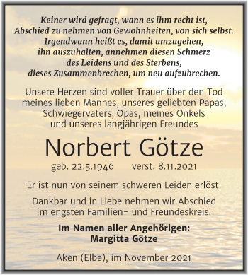 Traueranzeige von Norbert Götze von Trauerkombi Köthen