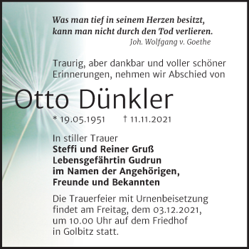 Traueranzeige von Otto Dünkler von Trauerkombi Bernburg