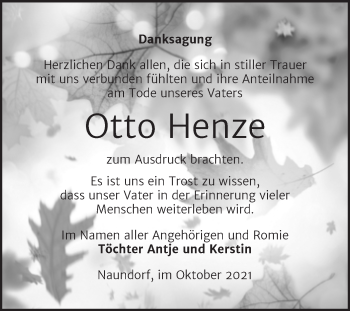 Traueranzeige von Otto Henze von Trauerkombi Wittenberg