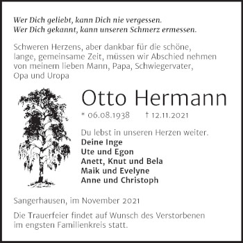 Traueranzeige von Otto Hermann von Trauerkombi Sangerhausen