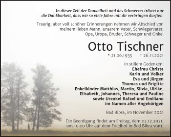 Traueranzeige von Otto Tischner von Naumburger Tageblatt